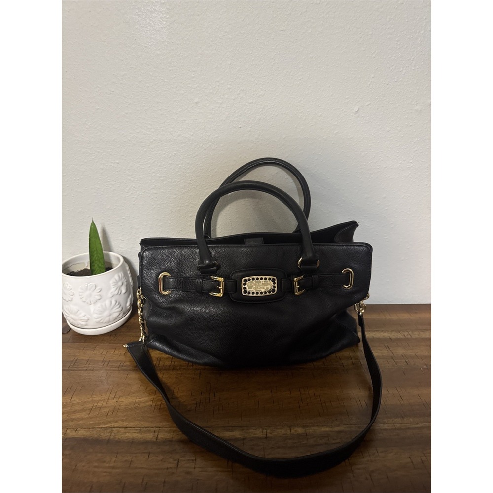 Black  jeweled  Michael Kors EmblemPebbled Leather Hamilton Satchel Shoulder Bag